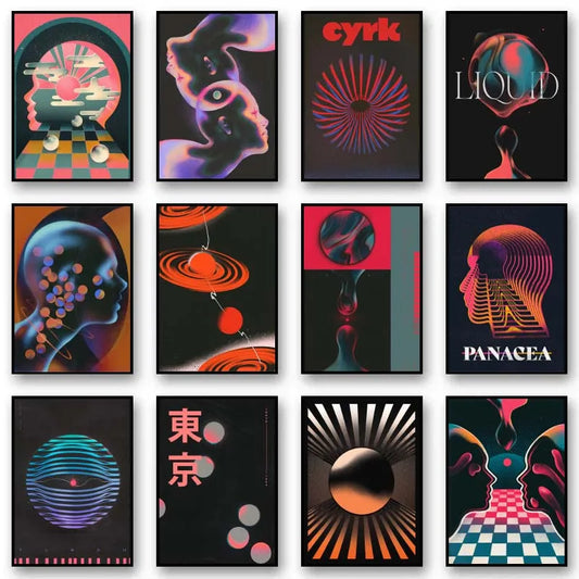 Abstract Futurism Wall Art Dark Colorful Character Geometry Canvas Print Trendy Retro Poster for Living Room Home Decor Gift