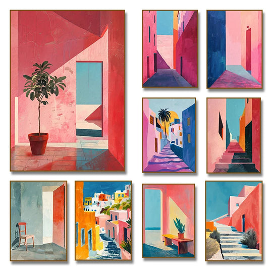 Pink Abstract Aesthetic Contemporary Greece Architecture Canvas Painting Mid Century Poster Print Wall Art Room Home Decor
