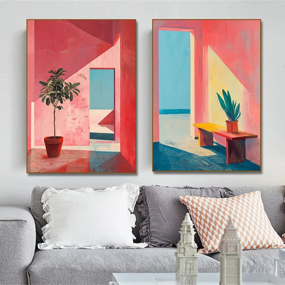 Pink Abstract Aesthetic Contemporary Greece Architecture Canvas Painting Mid Century Poster Print Wall Art Room Home Decor