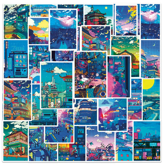 10/30/50pcs Anime View Street Night Painting Prints Cartoon Stickers Cute Aesthetic Decals Skateboard Laptop Phone Cool Sticker