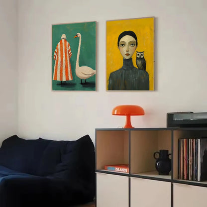 Retro Abstract 60s Fashion Woman and Goose Trendy Colorful Poster Canvas Paintings Wall Art Pictures Modern Home Decor