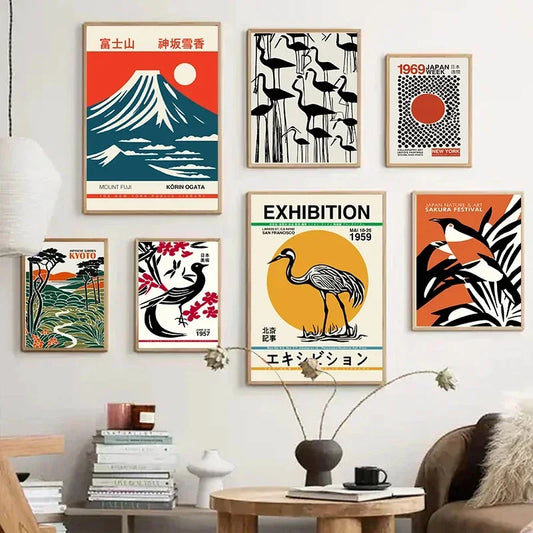 Vintage Japanese Abstract Posters Tokyo Mount Fuji Crane Art Exhibition Canvas Painting Modern Living Room Wall Aesthetic Decor