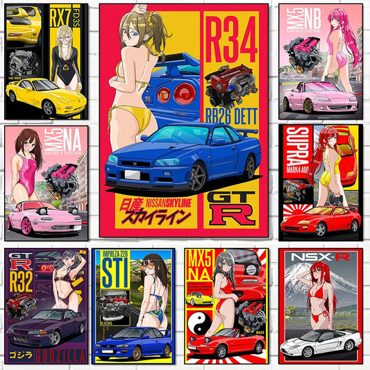 Vintage Car Anime Series Poster Print Canvas Pictures Home for Living Room and Bedroom Wall Modern Decor Frameless Painting